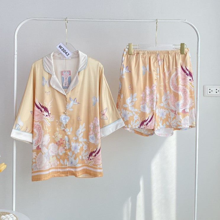 ชุดนอน Muslin Pajamas Silk Satin รุ่น Golden Dragon  ( W2042 V2042 )