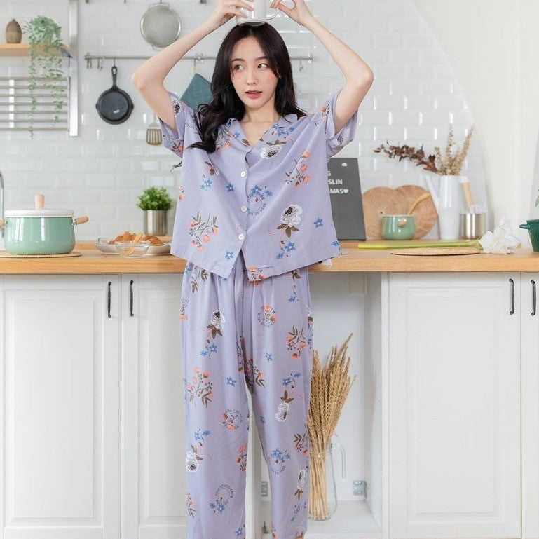 ชุดนอน Muslin Pajamas Organic Bamboo รุ่น ดอกไม้ พื้นม่วง (G76)|ชุดนอนชุดเที่ยว,ชุดนอนผู้หญิง