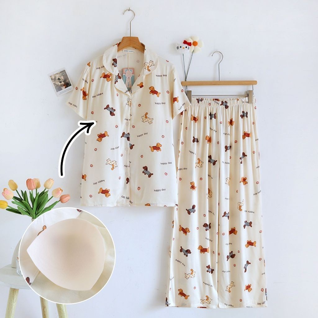 ชุดนอน Muslin Pajamas Organic bamboo รุ่นHappy Dogs Day(A1026 B1026 E1026)|ชุดนอนมีบรา,ชุดนอนผู้หญิง