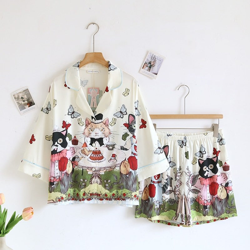 ชุดนอน Muslin Pajamas Silk Satinรุ่นPlayful Cats (W2151 V2151 L2151)|ชุดนอนผู้หญิง