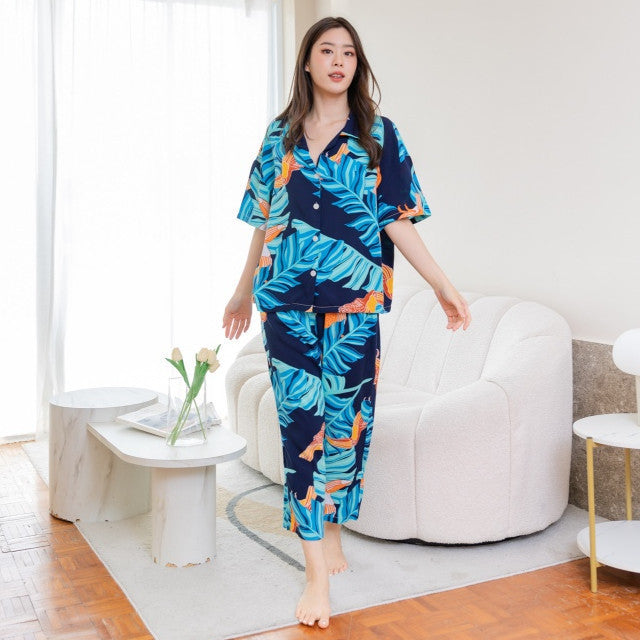 ชุดนอน Muslin Pajamas Organic bamboo รุ่น ใบตอง พื้นดำ (G344)