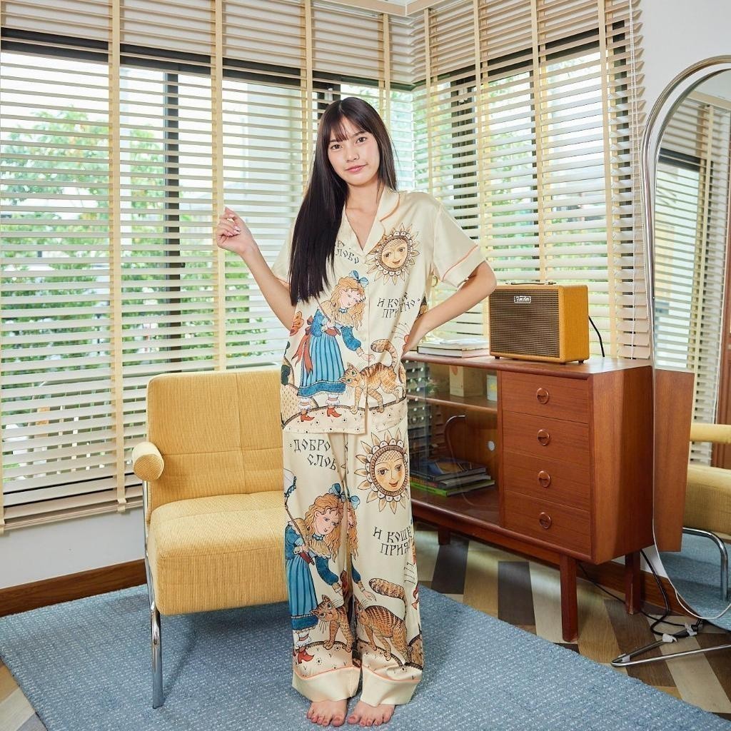 ชุดนอน Muslin Pajamas Silk Satin( รุ่น Sunny Kitty  N2016 T2016 )