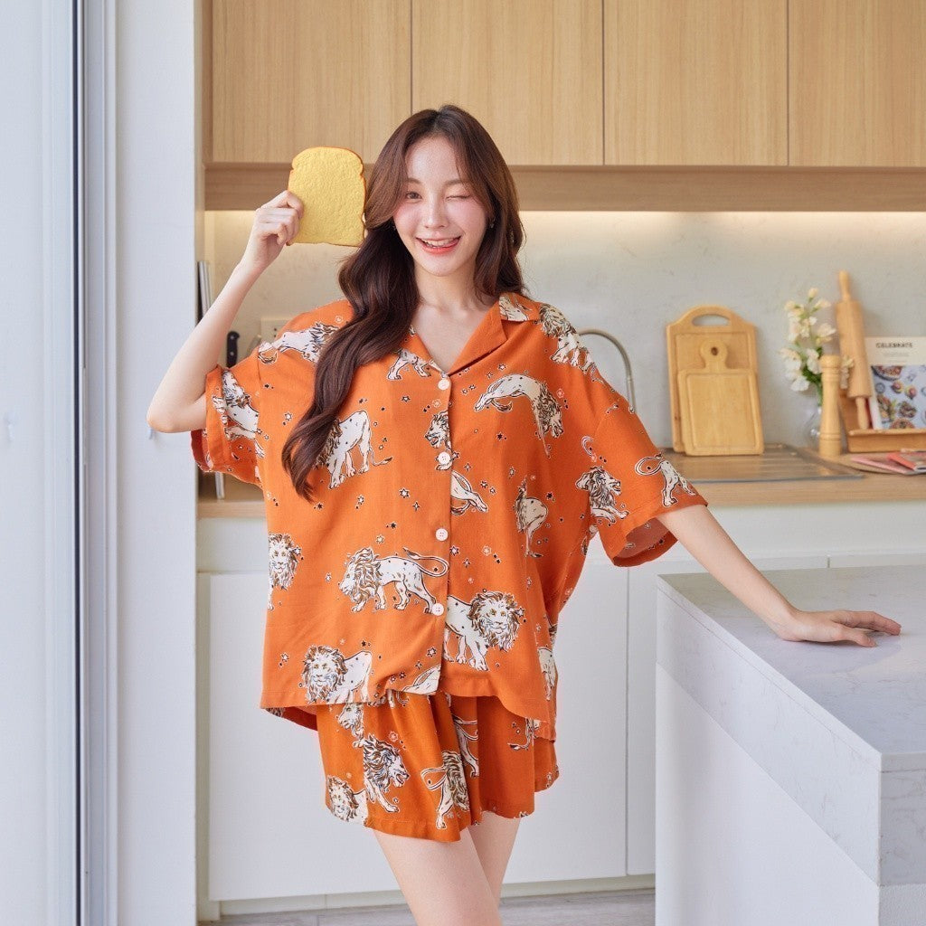 ชุดนอน Muslin Pajamas Organic bamboo รุ่น สิงโต พื้นส้ม (A418 G418)|ชุดนอนชุดเที่ยว, ชุดนอนผู้หญิง