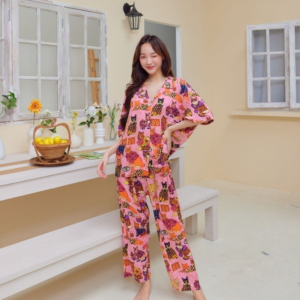 ชุดนอน Muslin Pajamas Organic Bamboo รุ่น แมวแฟชั่น(A286 G286) |ชุดนอนชุดเที่ยว,ชุดนอนผู้หญิง