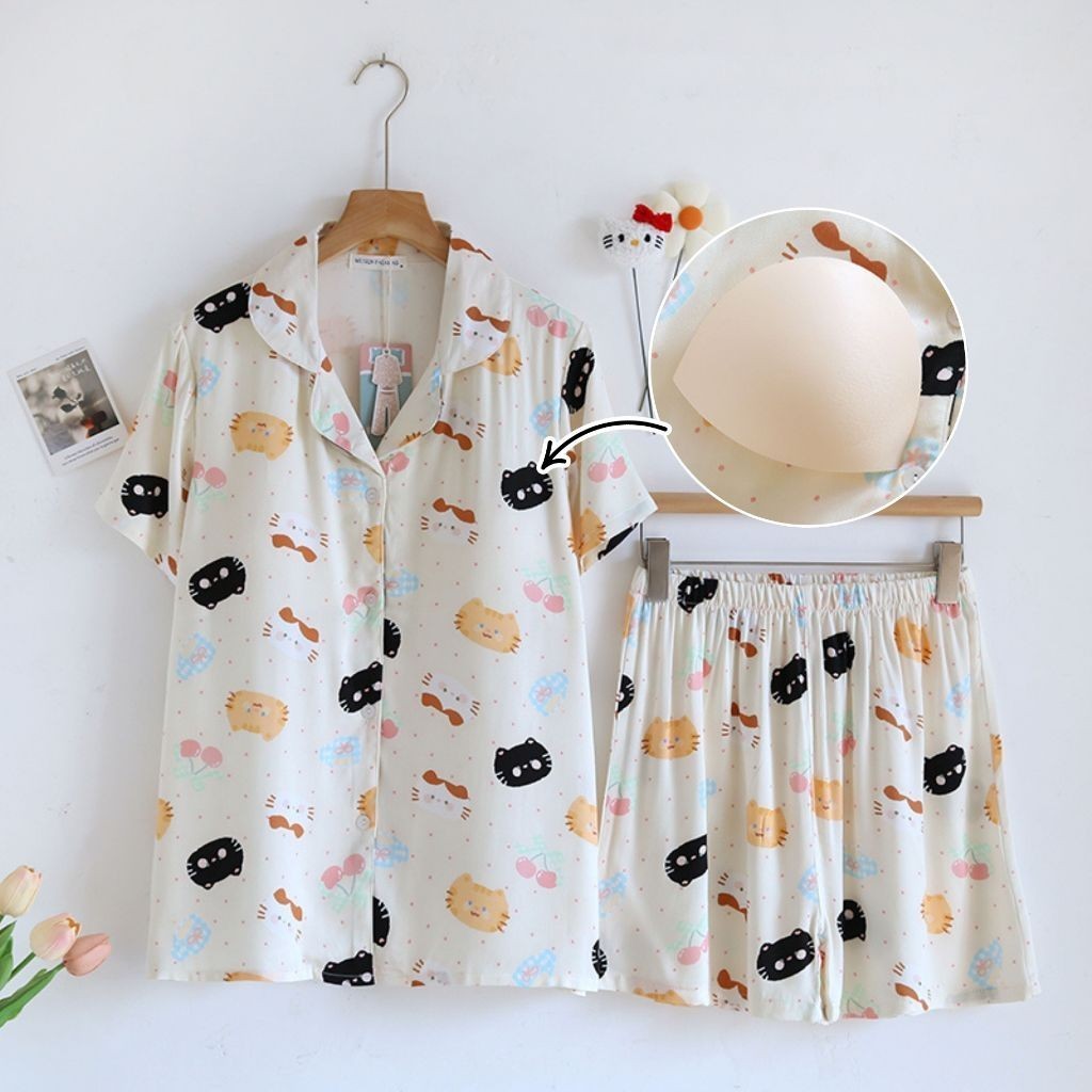 ชุดนอน Muslin pajamas Organic bamboo รุ่นKawaii Cats (A1028 B1028 E1028)|ชุดนอนมีบรา,ชุดนอนผู้หญิง