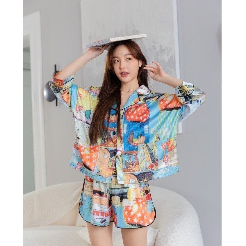 ชุดนอน Muslin Pajamas Silk Satin รุ่น Comic book  ( K360 L360 N360 P360 T360 U360 )