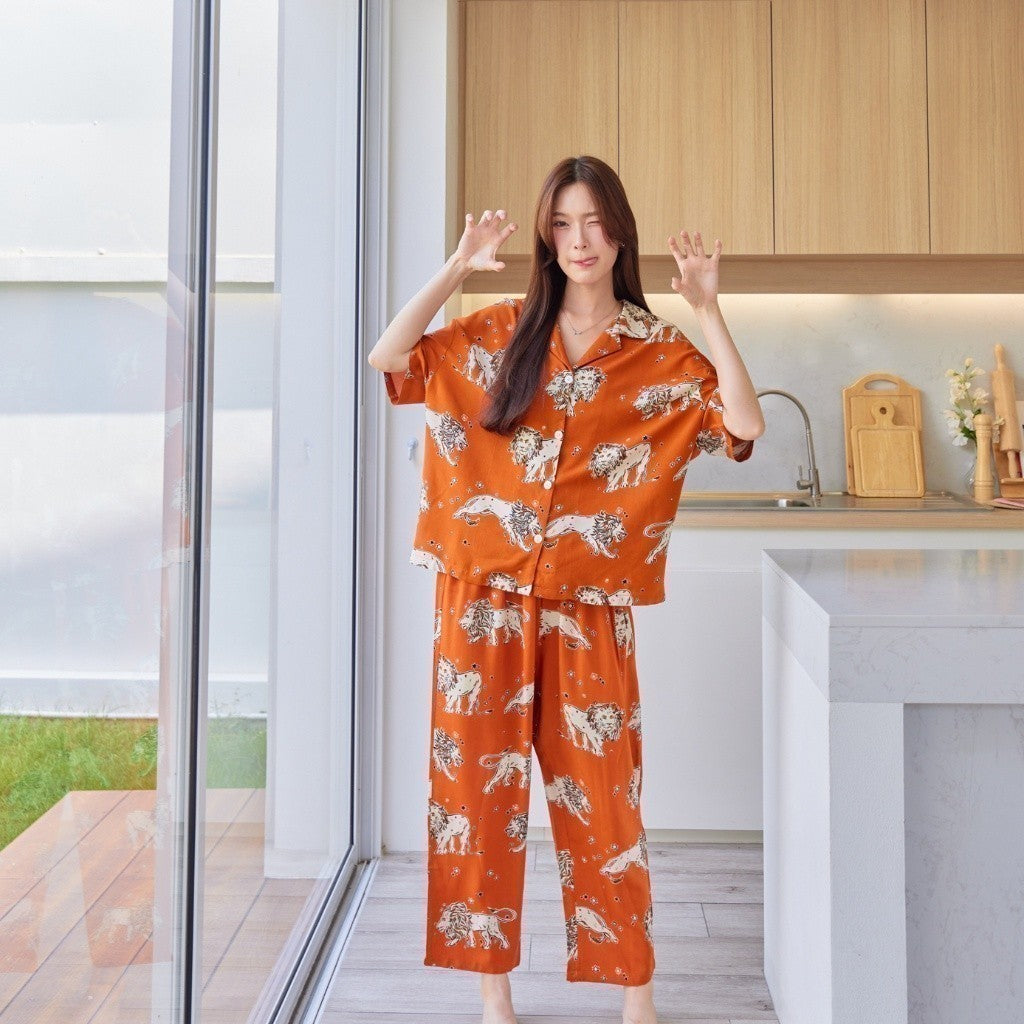 ชุดนอน Muslin Pajamas Organic bamboo รุ่น สิงโต พื้นส้ม (A418 G418)|ชุดนอนชุดเที่ยว, ชุดนอนผู้หญิง