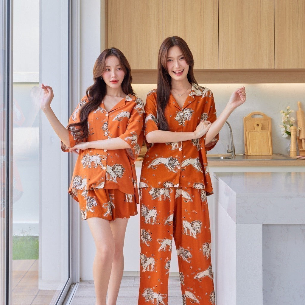 ชุดนอน Muslin Pajamas Organic bamboo รุ่น สิงโต พื้นส้ม (A418 G418)|ชุดนอนชุดเที่ยว, ชุดนอนผู้หญิง