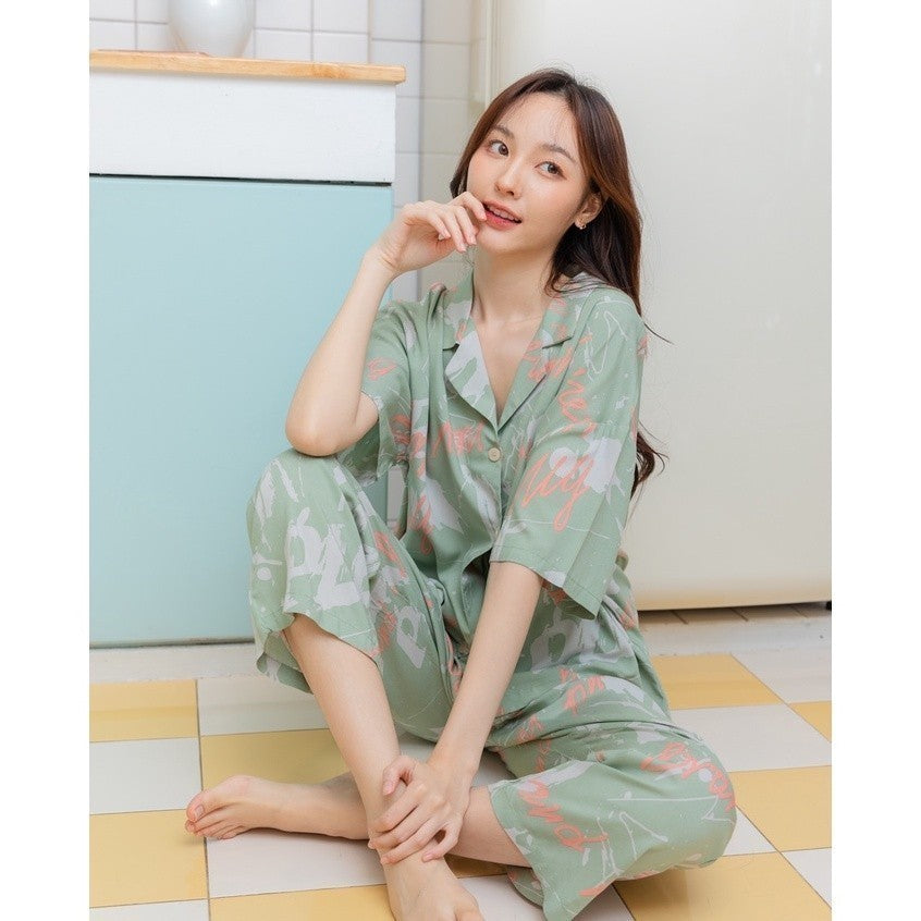 ชุดนอน Muslin Pajamas Organic Bambooรุ่นBrand newพื้นเขียว (A257 G257)|ชุดนอนชุดเที่ยว,ชุดนอนผู้หญิง