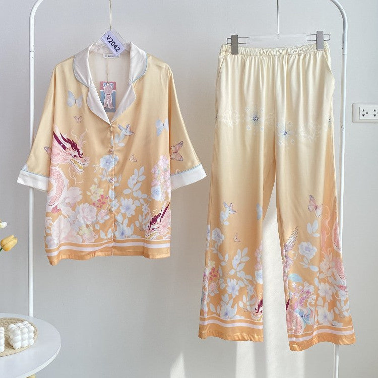 ชุดนอน Muslin Pajamas Silk Satin รุ่น Golden Dragon  ( W2042 V2042 )