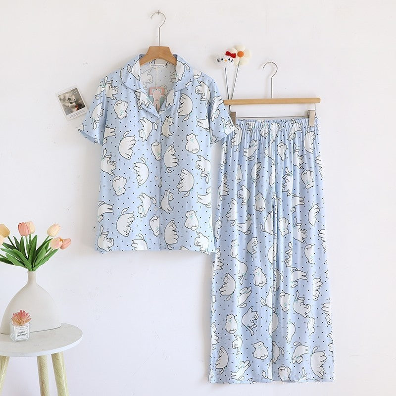 ชุดนอน Muslin pajamas Organic bamboo รุ่นChubby CatsSupport(A1025 B1025 E1025)|ชุดนอนมีบรา