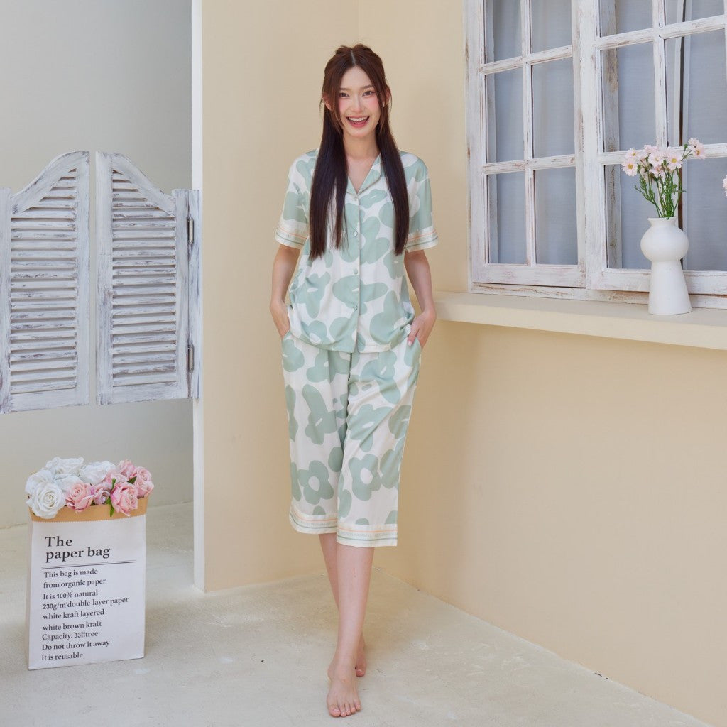 ชุดนอน Muslin Pajamas Silk Satini รุ่น Flower (1016 1017) | ชุดนอนชุดเที่ยว,ชุดนอนผู้หญิง