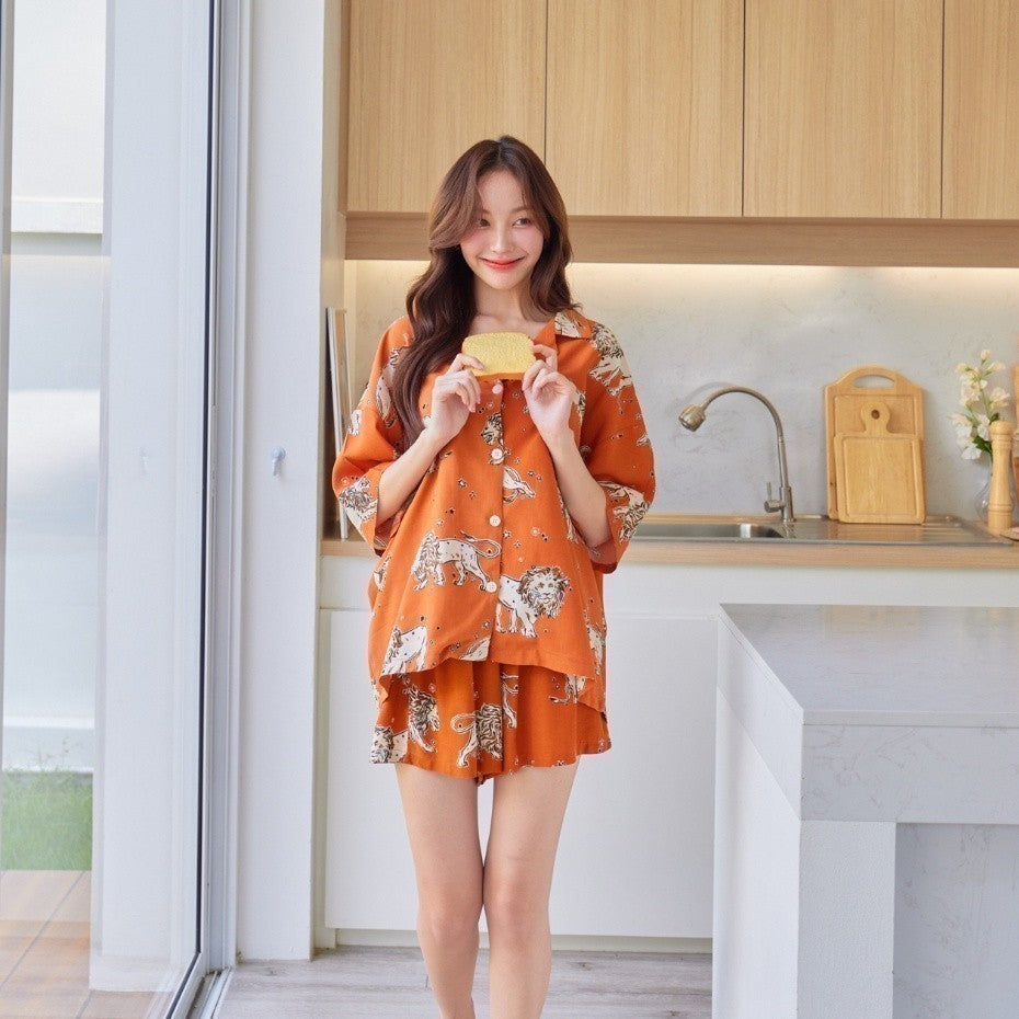 ชุดนอน Muslin Pajamas Organic bamboo รุ่น สิงโต พื้นส้ม (A418 G418)|ชุดนอนชุดเที่ยว, ชุดนอนผู้หญิง