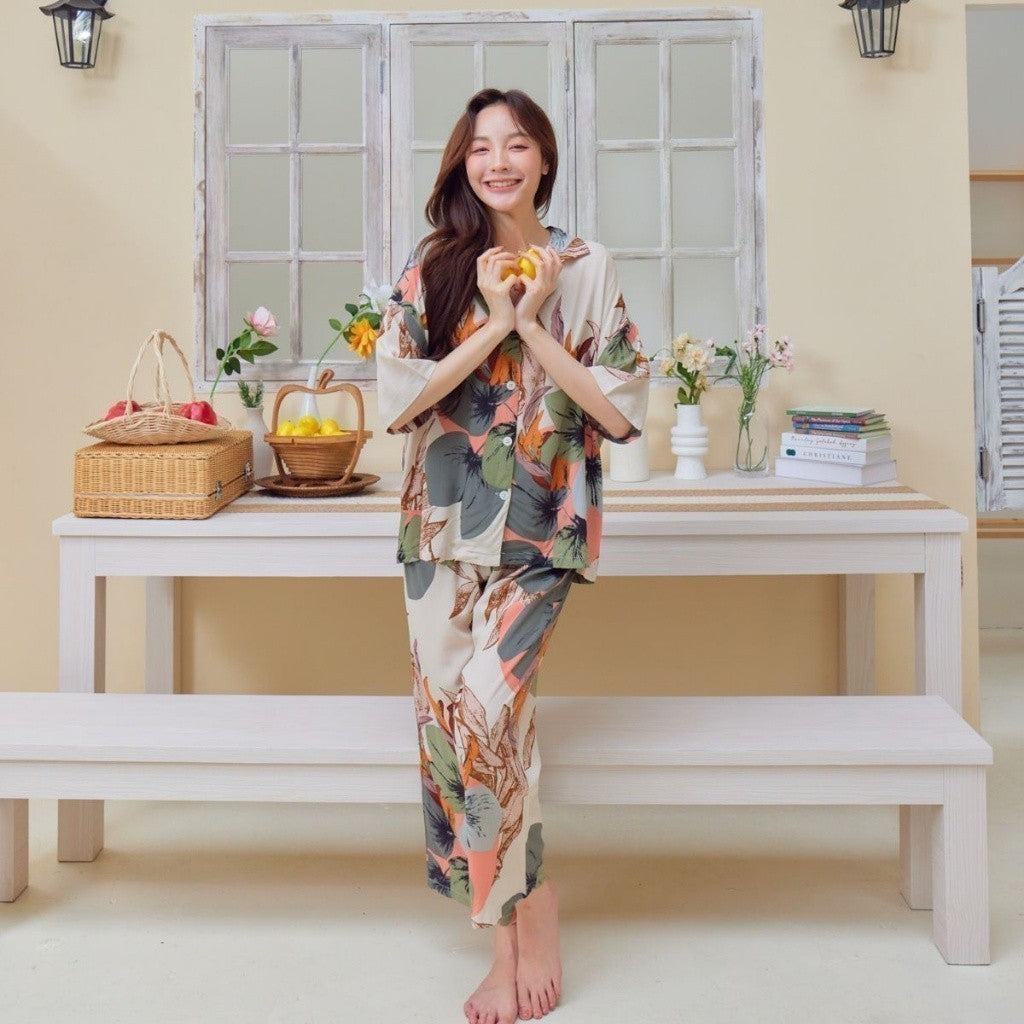 ชุดนอน Muslin Pajamas Organic bamboo รุ่น ใบไม้เขียว NEW (G20)| ชุดนอนชุดเที่ยว,ชุดนอนผู้หญิง