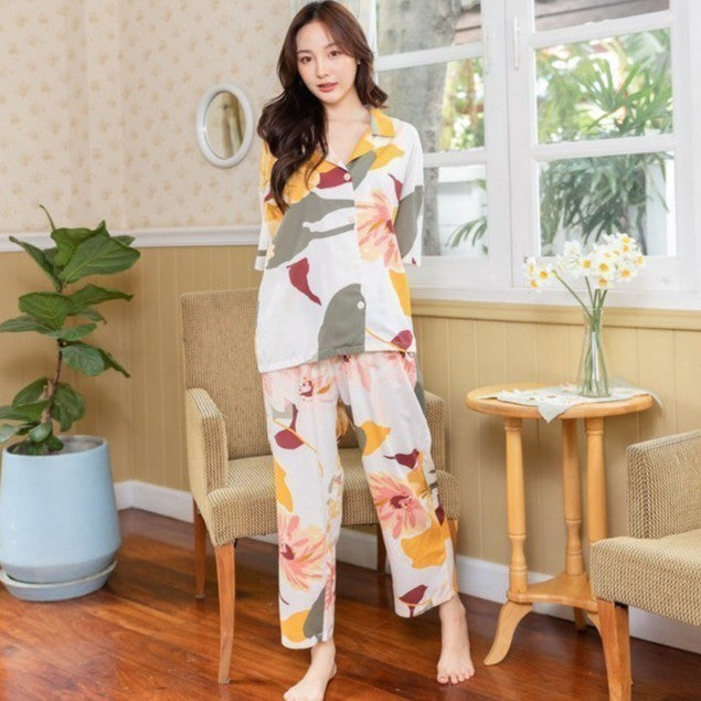 ชุดนอน Muslin Pajamas Organic Bamboo รุ่น TropicaL ใบไม้เหลือง (G23) | ชุดนอนชุดเที่ยว,ชุดนอนผู้หญิง