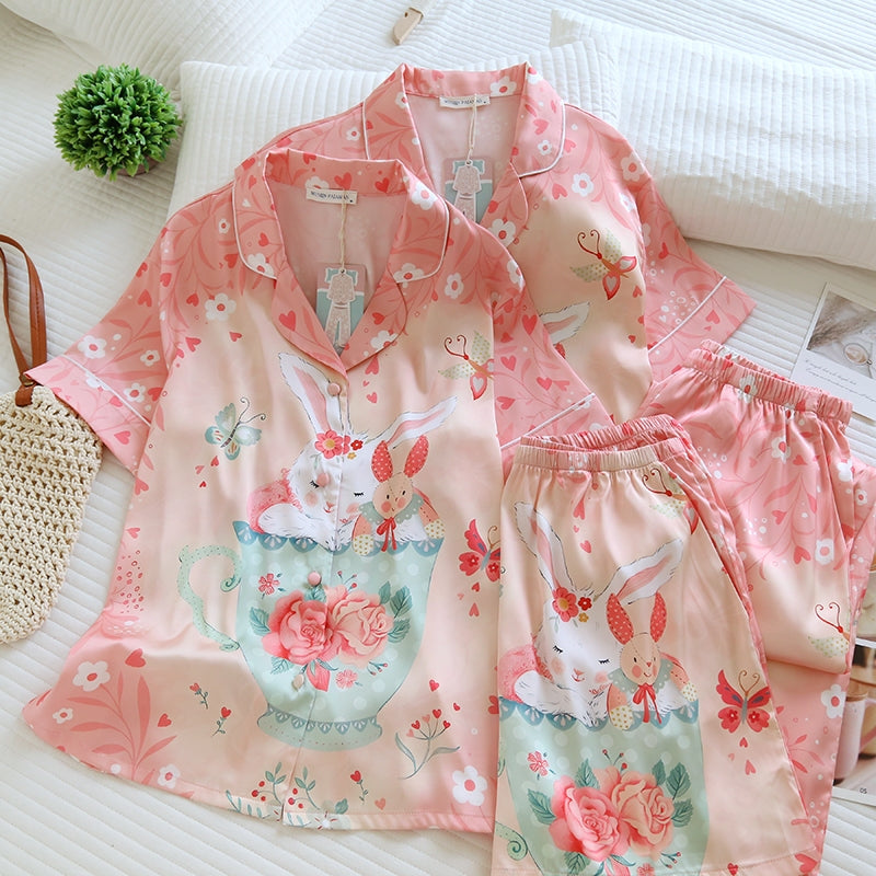 ชุดนอน Muslin Pajamas Silk Satin รุ่น Sweet Rabbit Cafe (N2153 T2153) | ชุดนอนผู้หญิง