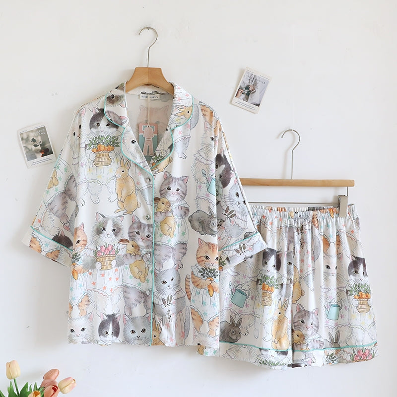 ชุดนอน Muslin Pajamas Silk Satin รุ่น Bunny&Kitty Bloom (W2164 V2164) |ชุดนอนชุดเที่ยว,ชุดนอนผู้หญิง
