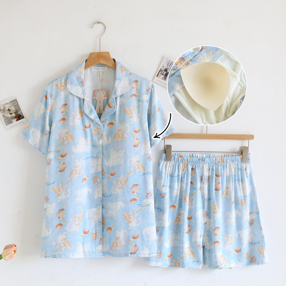 ชุดนอน Muslin Pajamas Organic bamboo รุ่นPony Cafe(A1038 E1038 B1038)|ชุดนอนมีบราในตัว,ชุดนอนผู้หญิง