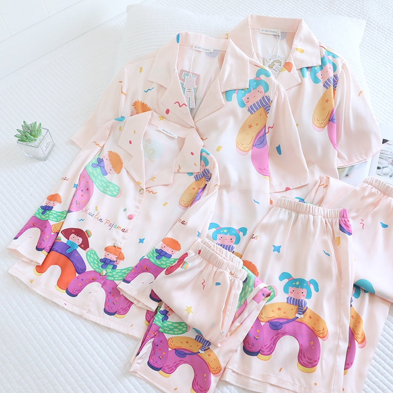 ชุดนอน Muslin Pajamas Silk Satin รุ่น Happy Family (N5127 T5127 M5127) | ชุดนอนผู้หญิง ชุดนอนเด็ก ชุดแม่ลูก