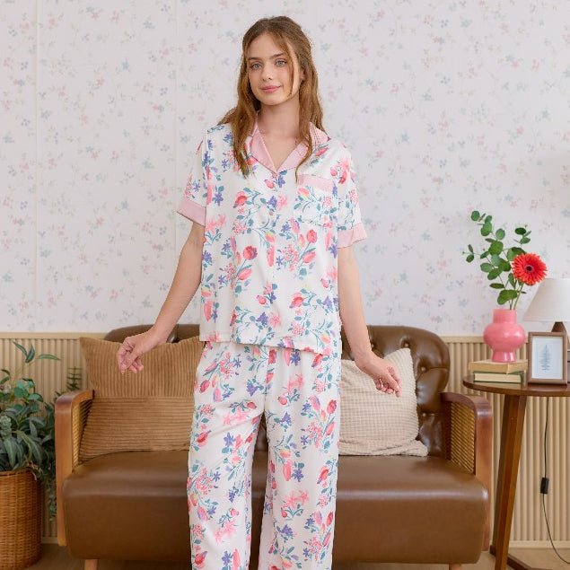 ชุดนอน Muslin Pajamas Silk Satin รุ่น Rose white (L800 N800 T800)| ชุดนอนผู้หญิง