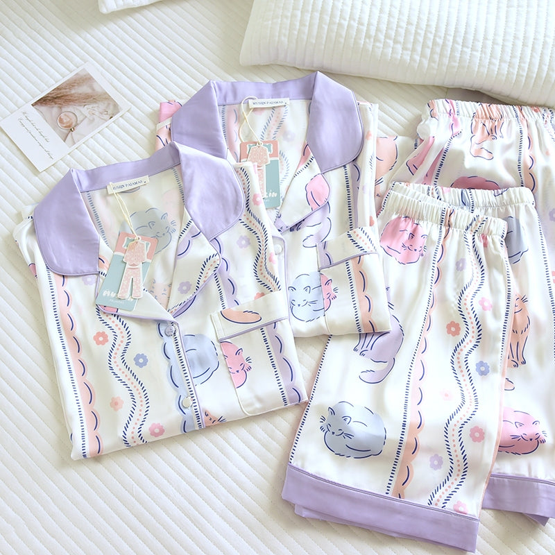 ชุดนอน Muslin Pajamas Silk Satin รุ่น Pastel Purr (N5147 T5147) | ชุดนอนผู้หญิง