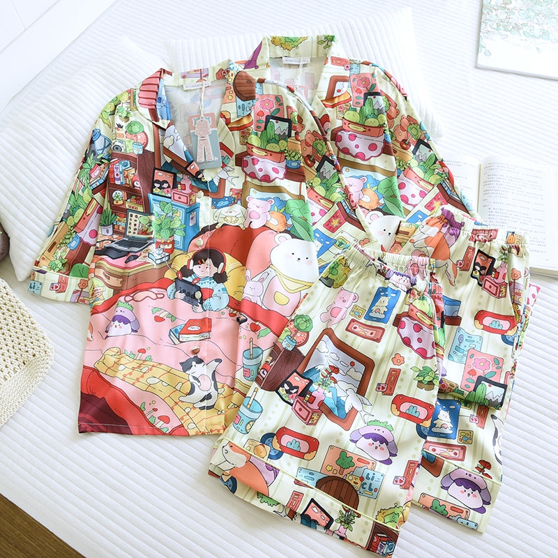 ชุดนอน Muslin Pajamas Silk Satin รุ่น My happy place (W2179 V2179) | ชุดนอนชุดเที่ยว,ชุดนอนผู้หญิง