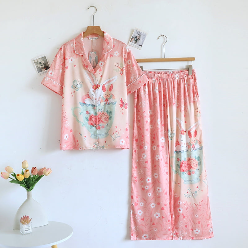 ชุดนอน Muslin Pajamas Silk Satin รุ่น Sweet Rabbit Cafe (N2153 T2153) | ชุดนอนผู้หญิง