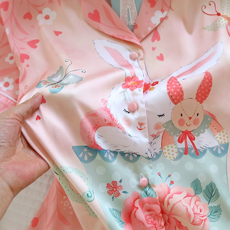 ชุดนอน Muslin Pajamas Silk Satin รุ่น Sweet Rabbit Cafe (N2153 T2153) | ชุดนอนผู้หญิง