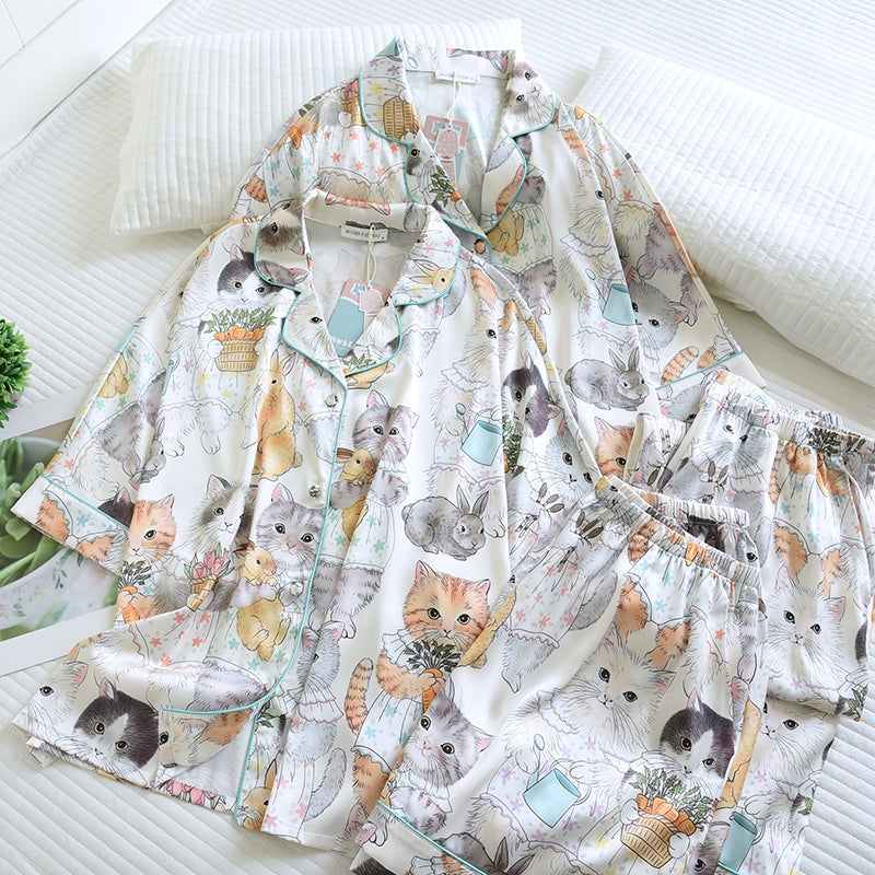 ชุดนอน Muslin Pajamas Silk Satin รุ่น Bunny&Kitty Bloom (W2164 V2164) |ชุดนอนชุดเที่ยว,ชุดนอนผู้หญิง