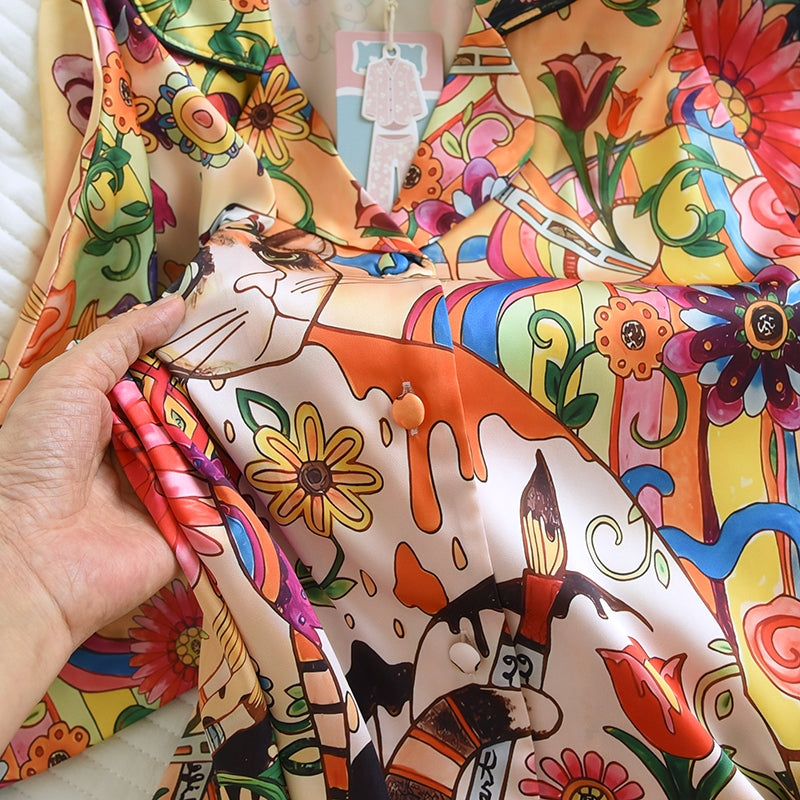 ชุดนอน Muslin Pajamas Silk Satin รุ่น Vintage golden cat (W2178 V2178) | ชุดนอนชุดเที่ยว