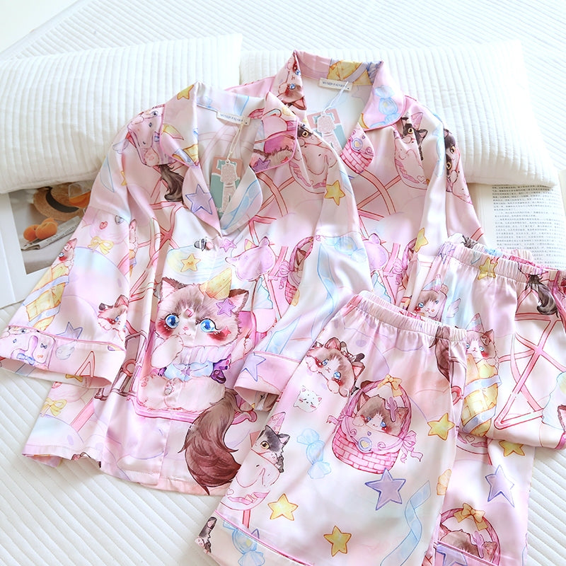 ชุดนอน Muslin Pajamas Silk Satin รุ่น Candy Cat (W2158 V2158) | ชุดนอนผู้หญิง