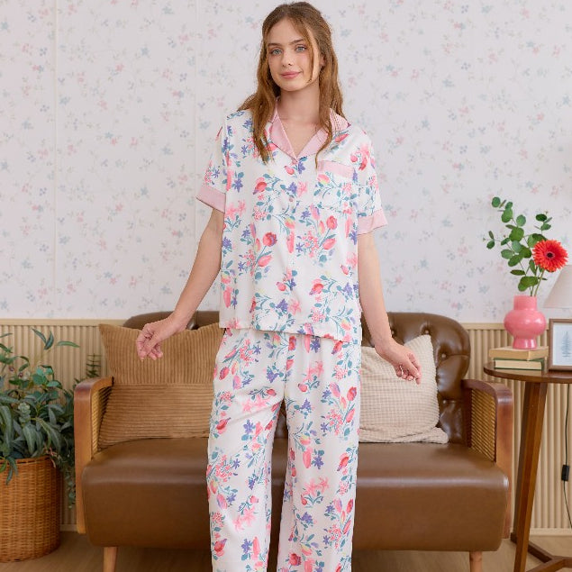 ชุดนอน Muslin Pajamas Silk Satin รุ่น Rose white (L800 N800 T800)| ชุดนอนผู้หญิง
