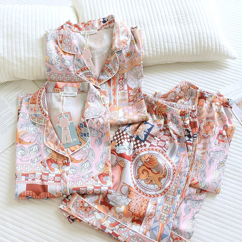 ชุดนอน Muslin Pajamas Silk Satin รุ่น Golden Mosaic (W2181 V2181) | ชุดนอนชุดเที่ยว,ชุดนอนผู้หญิง