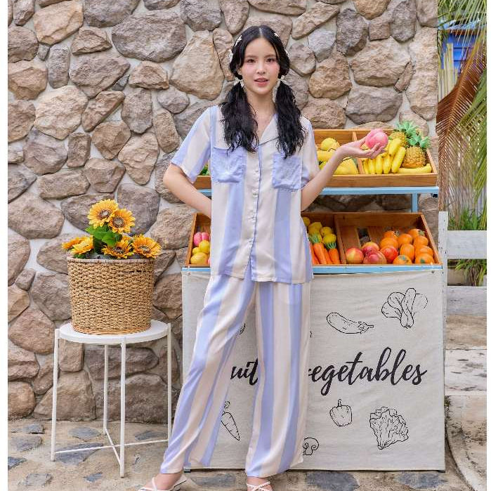 ชุดนอน Muslin Pajamas Silk Satin รุ่นViolet Lines,Jordy Blue (N5133 T5133 N5134 T5134)|ชุดนอนผู้หญิง