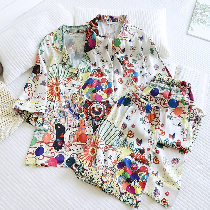 ชุดนอน Muslin Pajamas Silk Satin รุ่น Lucky Cat of Brightness (W2177 V2177) | ชุดนอนชุดเที่ยว