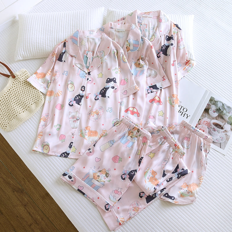 ชุดนอน Muslin Pajamas Silk Satin รุ่น Sweet Kitty Dreams (N5158 T5158 K5158) | ชุดผู้หญิง