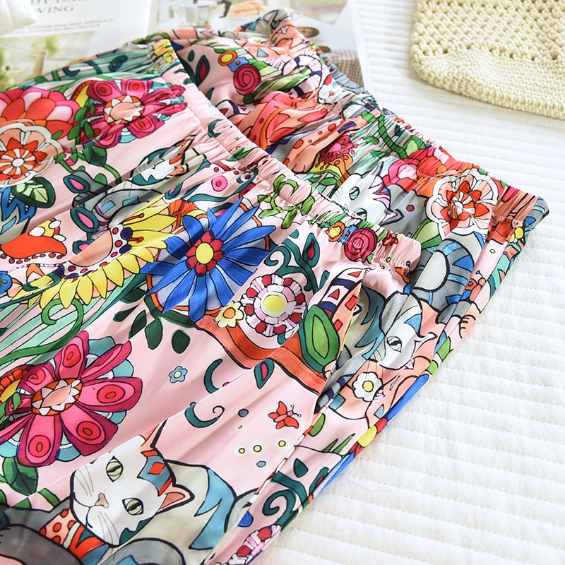 ชุดนอน Muslin Pajamas Silk Satin รุ่น Garden Cats (W2185 V2185) | ชุดนอนชุดเที่ยว,ชุดผู้หญิง