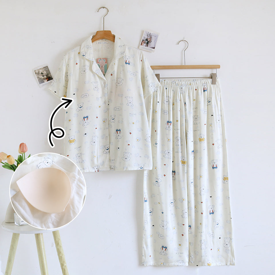ชุดนอน Muslin Pajamas Organic bamboo รุ่นPuppy Day(A1044 E1044 B1044)|ชุดนอนมีบราในตัว,ชุดนอนผู้หญิง