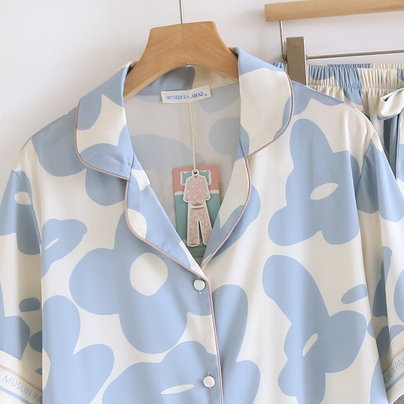 ชุดนอน Muslin Pajamas Silk Satini รุ่น Flower (1016 1017) | ชุดนอนชุดเที่ยว,ชุดนอนผู้หญิง