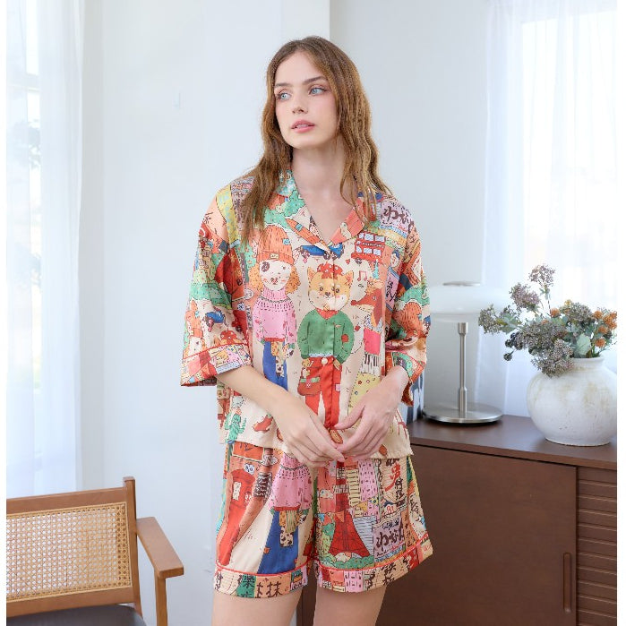 ชุดนอน Muslin Pajamas Silk Satin รุ่น Anime Street Dreams (W2123 V2123 L2123) | ชุดนอนชุดเที่ยว