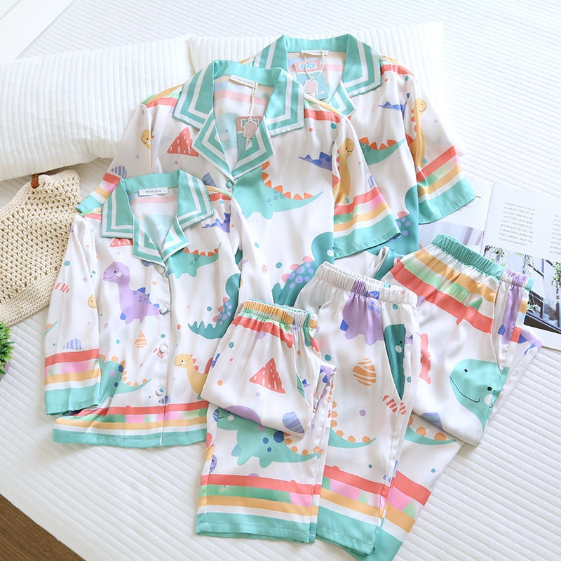 ชุดนอน Muslin Pajamas Silk Satin รุ่น Happy dino Pastel(N5150 T5150 M5150) | ชุดนอนแม่ลูก,ชุดผู้หญิง