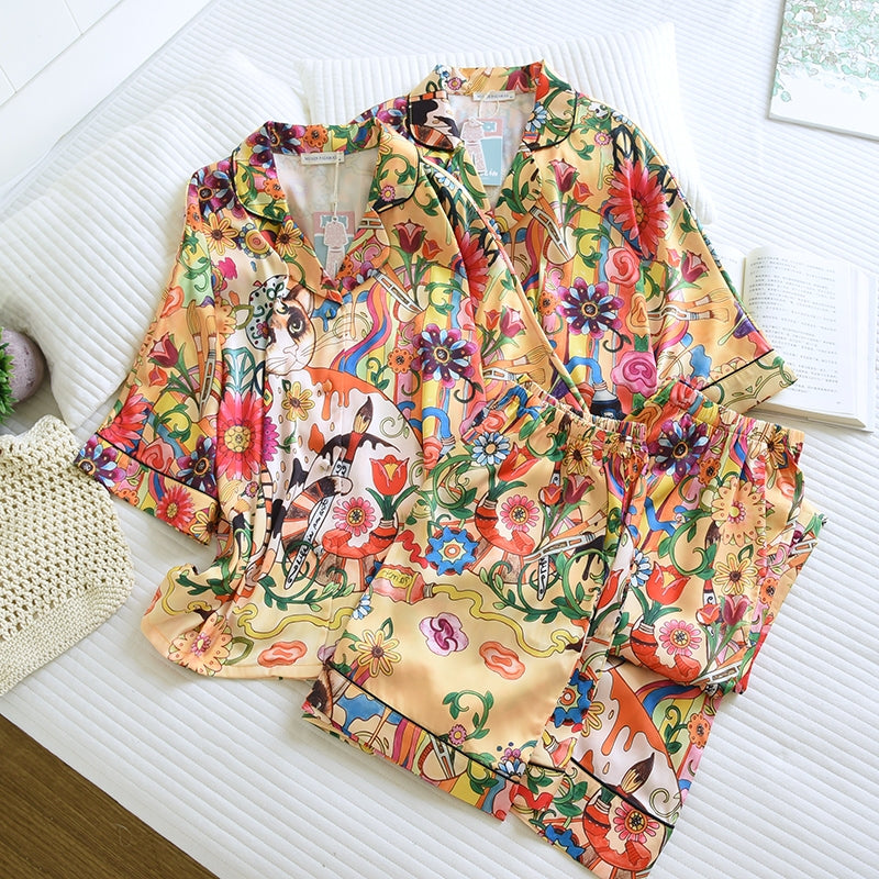 ชุดนอน Muslin Pajamas Silk Satin รุ่น Vintage golden cat (W2178 V2178) | ชุดนอนชุดเที่ยว