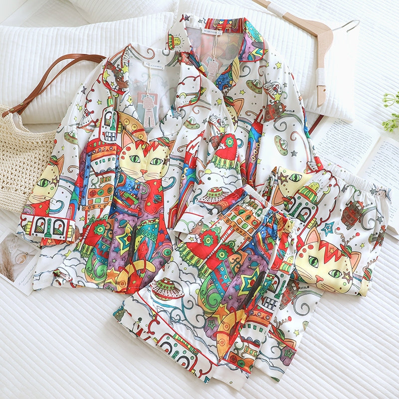 ชุดนอน Muslin Pajamas Silk Satin Rocket cat Fantasy (V2155 W2155) | ชุดนอนชุดเที่ยว, ชุดนอนผู้หญิง