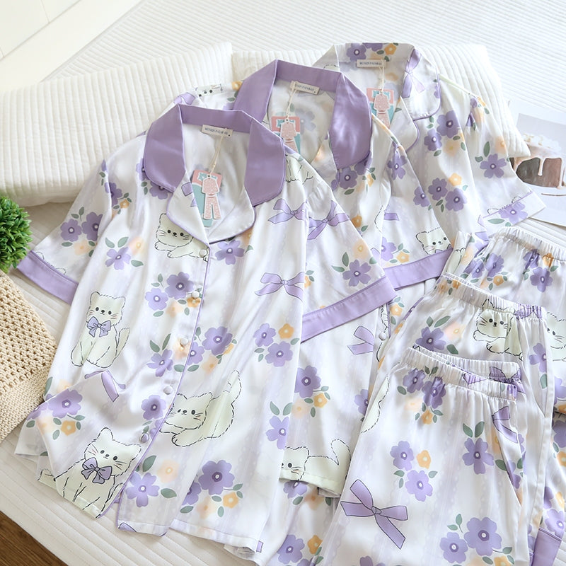 ชุดนอน Muslin Pajamas Silk Satin รุ่น Kitty Lavender (N5161 T5161 K5161) | ชุดนอนผู้หญิง