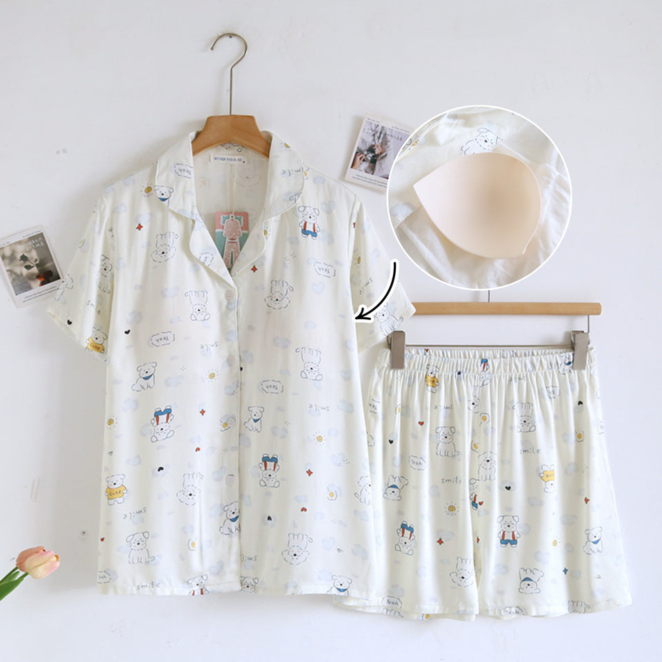 ชุดนอน Muslin Pajamas Organic bamboo รุ่นPuppy Day(A1044 E1044 B1044)|ชุดนอนมีบราในตัว,ชุดนอนผู้หญิง