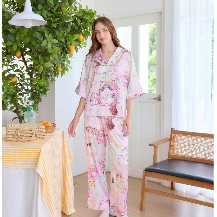 ชุดนอน Muslin Pajamas Silk Satin รุ่น Candy Cat (W2158 V2158) | ชุดนอนผู้หญิง