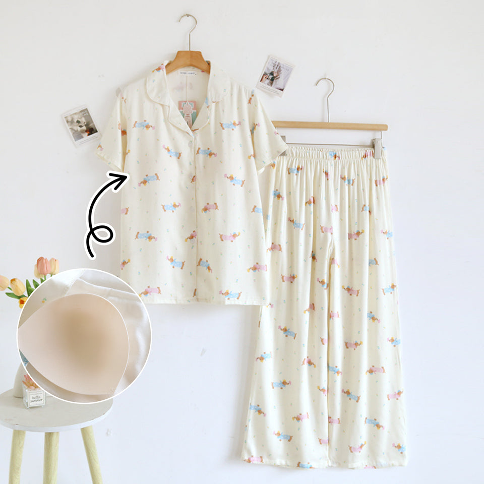 ชุดนอน Muslin Pajamas Organic bamboo รุ่นCheerful Dogs(A1039 E1039 B1039)|ชุดนอนมีบรา,ชุดนอนผู้หญิง