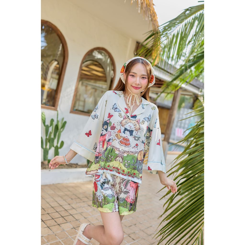 ชุดนอน Muslin Pajamas Silk Satinรุ่นPlayful Cats (W2151 V2151 L2151)|ชุดนอนผู้หญิง