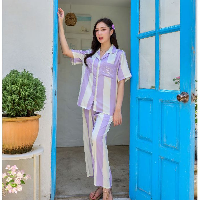 ชุดนอน Muslin Pajamas Silk Satin รุ่นViolet Lines,Jordy Blue (N5133 T5133 N5134 T5134)|ชุดนอนผู้หญิง