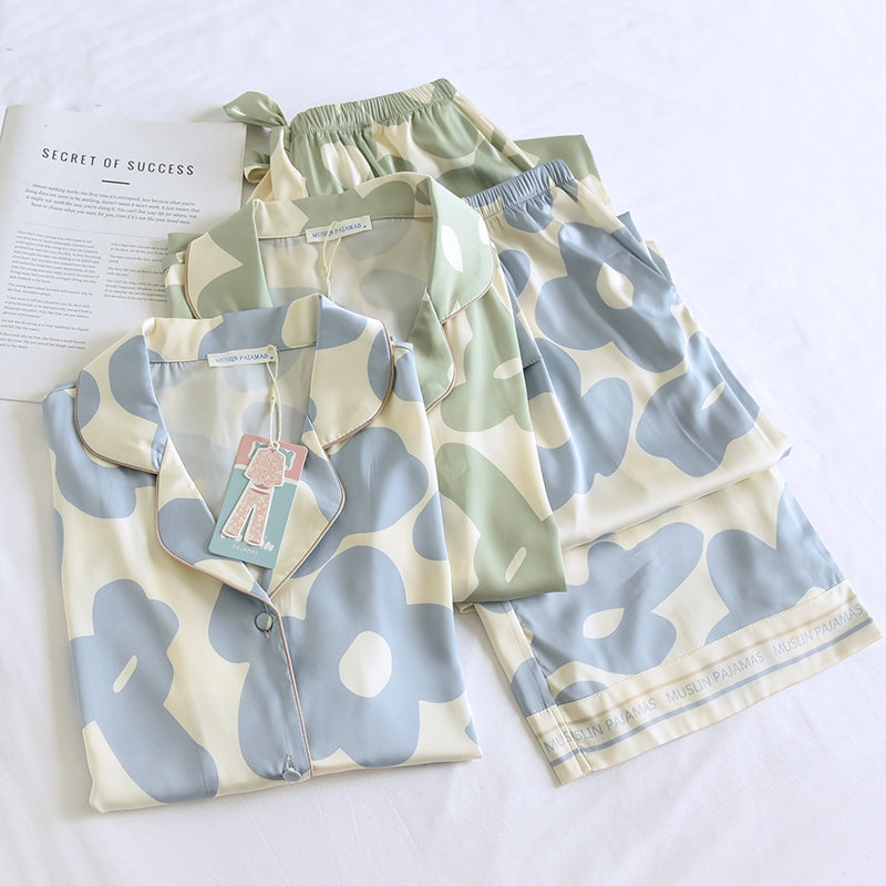 ชุดนอน Muslin Pajamas Silk Satini รุ่น Flower (1016 1017) | ชุดนอนชุดเที่ยว,ชุดนอนผู้หญิง